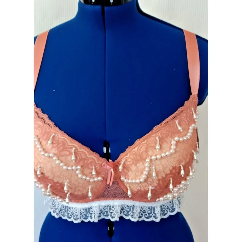 Sofra faux pearl lace beaded Adjustable Straps underwired‎ Peach Bra size 40DD